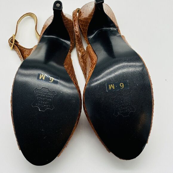 Women's Slingback Heels Shoes Size 6 Fanfares Tan Leather 3.5 in Heel Peep Toe - Picture 3 of 7